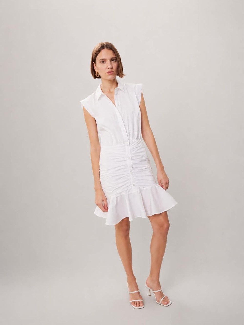 Veronica Beard White Sleeveless Ruched Shirt Dress